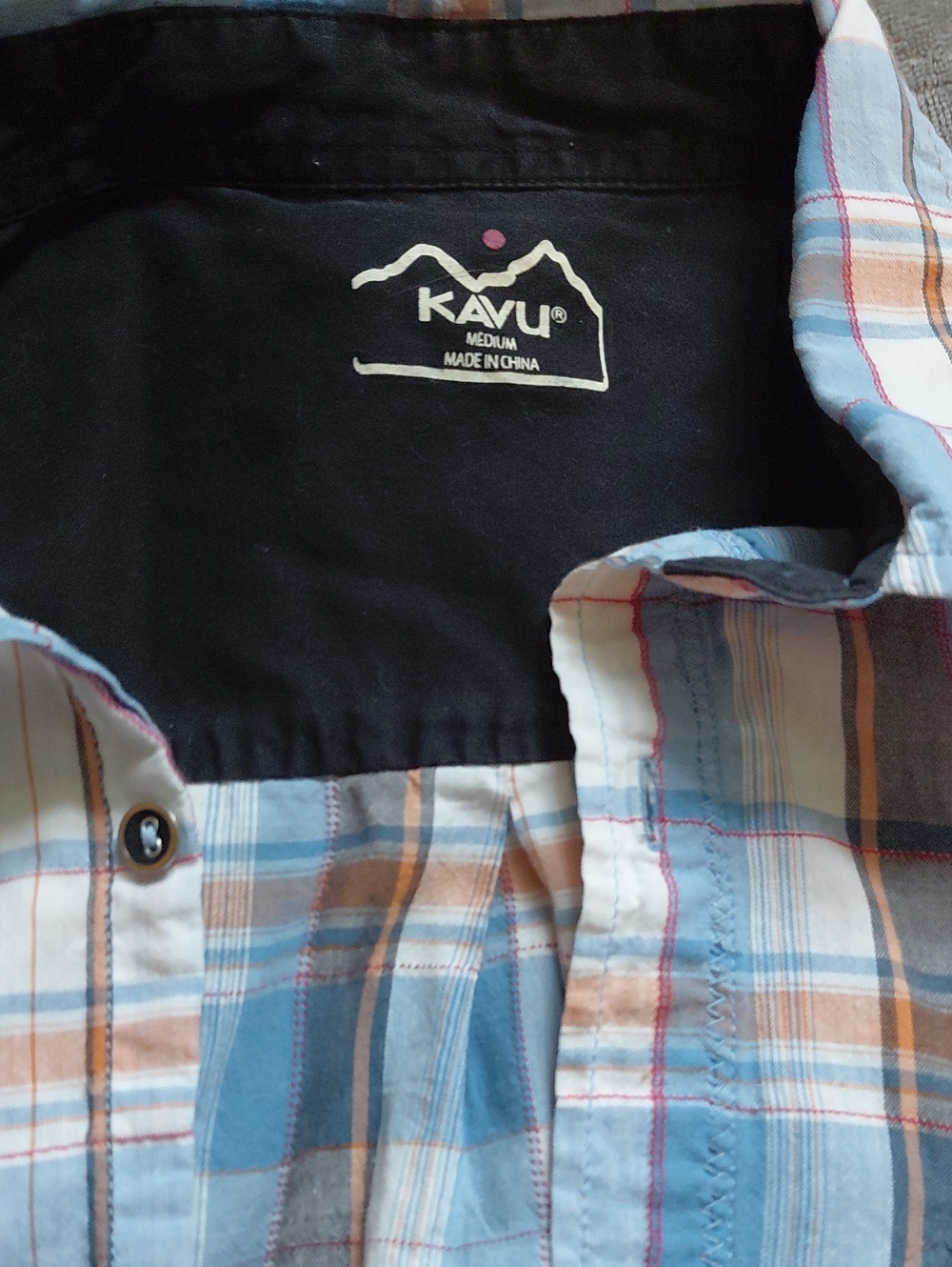 Kavu Light Blue, Tan & White Plaid Button-Up Shirt
